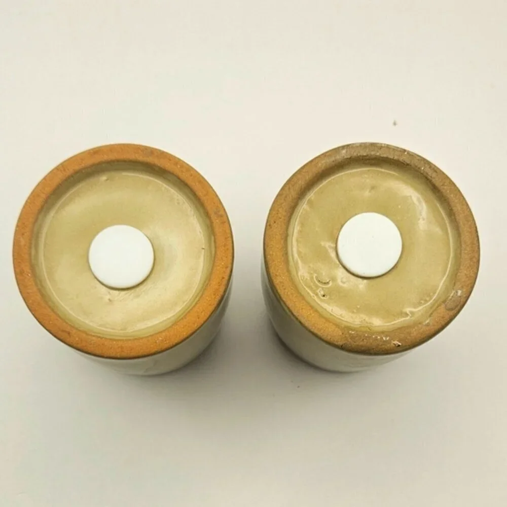 Vintage 1970's Salt & Pepper Shakers Stoneware Brown & Tan Complete with Wicker
